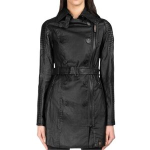 RUDSAK | Marjorie Asymmetrical zip trench coat, black, linen + leather, moto, XL